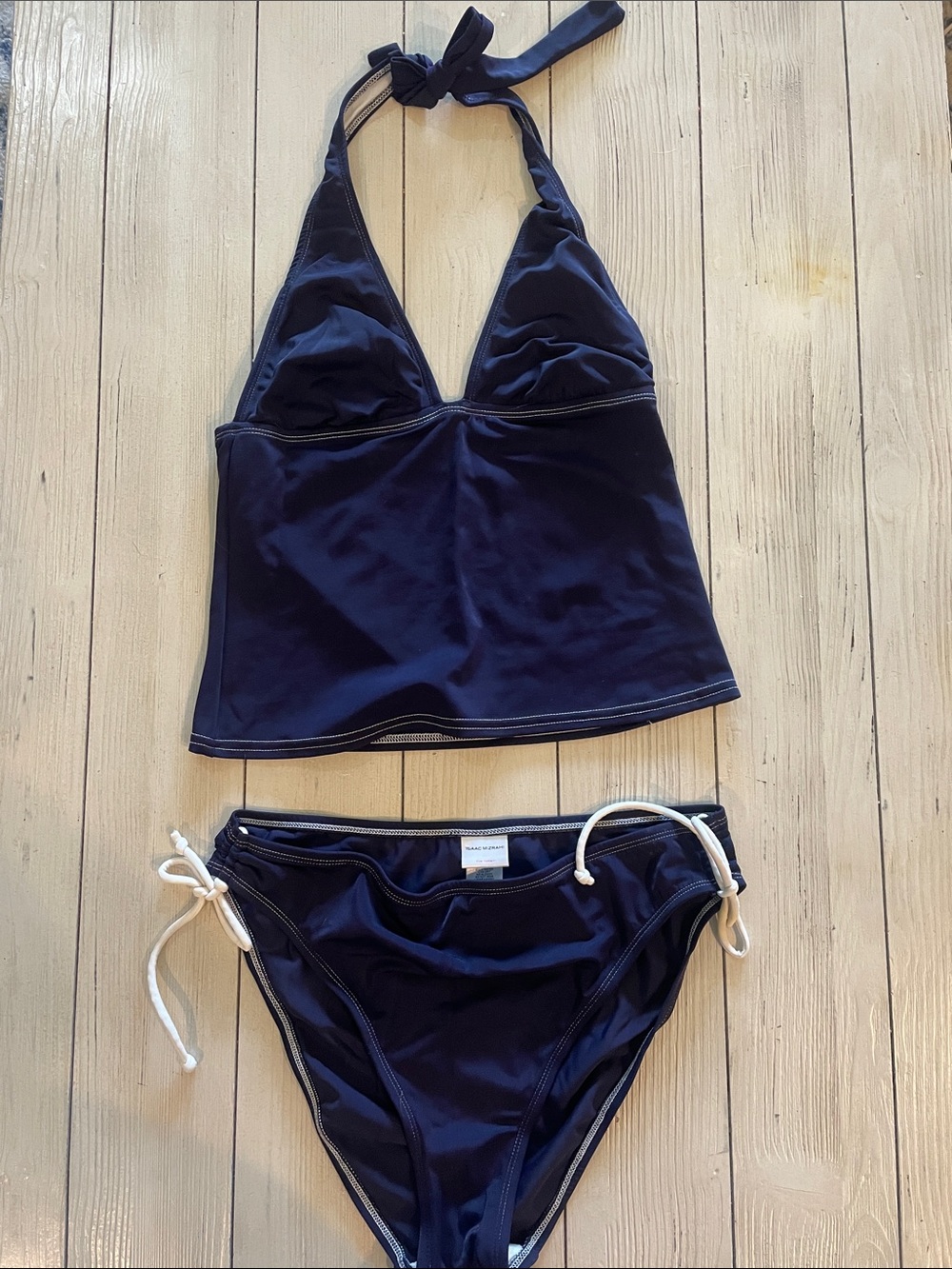 Isaac Mizrahi Navy Halter Tankini Top with White Tie-Side Bikini Bottomsy